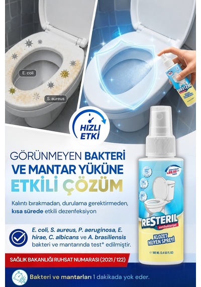 Resteril Klozet Kapağı Temizleyici 100ml Çanta Boy Hızlı Etkili Dezenfektan Sprey Alkolsüz Hipokloröz Asit Tuvalet Koku Giderici 100 ML