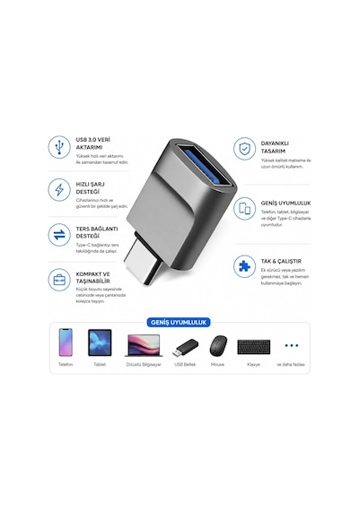 Type-c To Usb-a 3.0 Otg Dönüştürücü Adaptör Usb Dişi Type-c Erkek Çevirici Telefon, Tablet Ve Bilgisayar Uyumlu Veri Aktarım Adaptörü