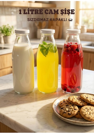 3 Adet 1 Litre Şeffaf Cam Sürahi Limonata, Süt, Ayran, Su Ve Meşrubat Şişesi Plastik Kapaklı Şişe
