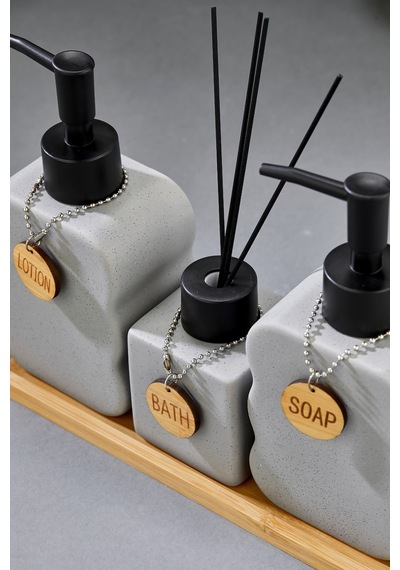 Cooker 3'lü 300 Ml Seramik Bambu Standlı Banyo Seti Ckr3883 Gri