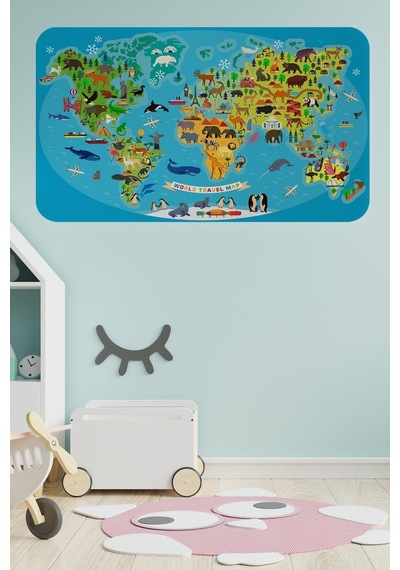 Eğitici Dünya Haritası Dünya Atlası Çocuk Ve Bebek Odası Duvar Sticker-60x105-3788 - Renkli Çok Renkli