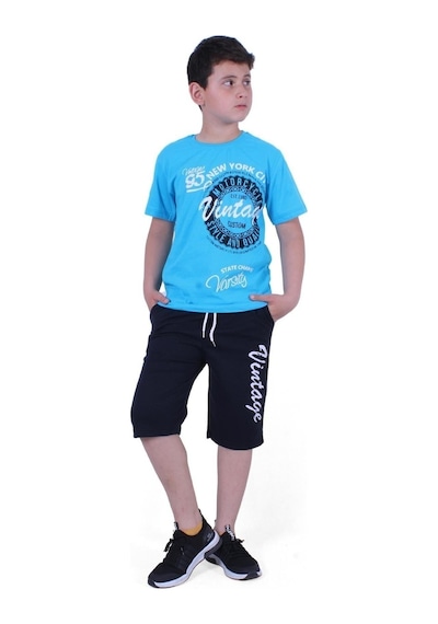 Fyk Kids Vintage Custom Yazı Baskılı Erkek Çocuk Yazlık Takım Turkuaz