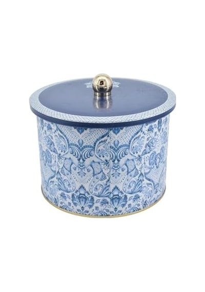 Evle-azulejos Desenli Yuvarlak Metal Saklama Kabı 14 Cm, Erzak Kabı - Organizer Kutu 17,5 Cm X 13 Cm Azulejos Hello