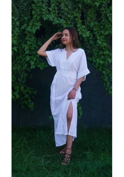 Dokuma Kaftan Elbise Rahatlığın Şıklığı Beyaz