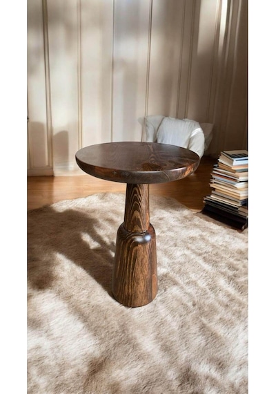 Wood Wooden Ahşap Tekli Ürgüp Mantar Yan Sehpa Modern Ceviz Renk Fiskos Kahverengi