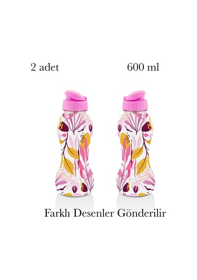 Desenli Su Şişesi 600 Ml, Kapaklı, 2'li Set Matara Spor Okul Genel