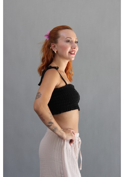 Müslin Gipeli Crop Top Siyah
