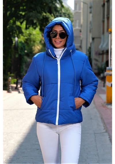 Keyifli Moda Kadın Saks Mavi Su Geçirmez Kapüşonlu Şişme Mont