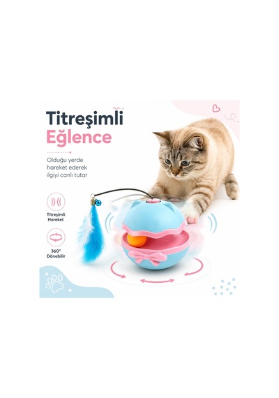 Etkileşimli Kedi Oyuncağı - Devrilmez Tumbler Top, Kendi Etrafında Dönen Gövde Ve Dönen Tüylü Çubuklu Zilli Kedi Oyuncağı, Evde Oyun Ve Aktivite İçin Mavi
