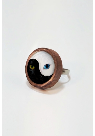 Yin Yang Kedi Ahşap Yüzük Kahverengi