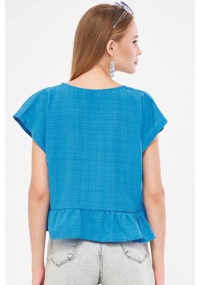Armonika Kadın Mavi Yarasa Kol Yakası Bağlamalı Eteği Fırfırlı Oversize Crop Bluz Arm-24y001088