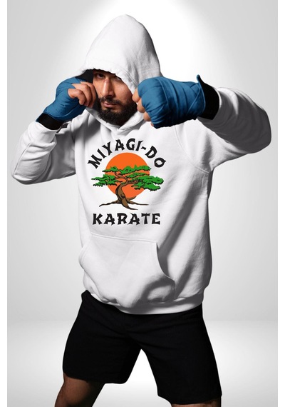 Miyagi-do Karete Çocuk Logo Dizi Bonzai Ağaç Kadın Erkek Beyaz Kapüşonlu Sweatshirt Hoodie Beyaz