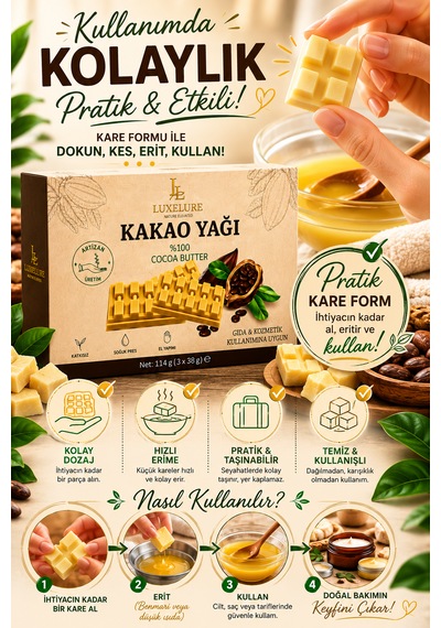 Luxelure Kakao Yağı %100 Saf Soğuk Pres 114 G X 2 Adet Gıda Ve Kozmetik Kullanımına Uygun Kare Form Diğer