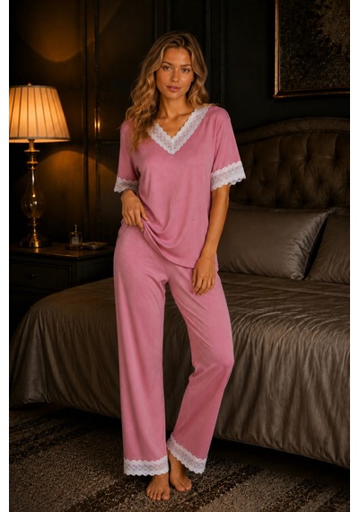 Elitol Fitilli Örme Dantel Detaylı Kadın Pijama Takımı Pembe-6