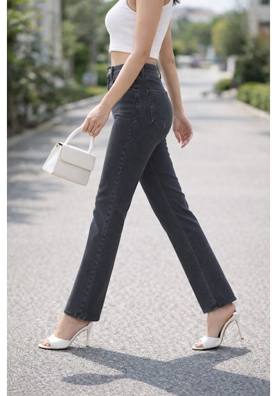 Cedy Denim Kadın Boru Paça Yüksek Bel Regular Fit Likralı Pantolon Gri
