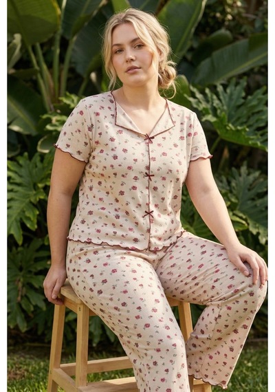 Siyah İnci Beden Fitilli Kaşkorse Örme Pijama Takım26120851 Ten
