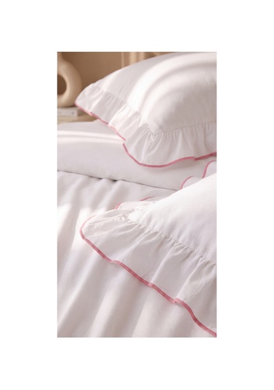 %100 Pamuk Overloklu Fırfırlı Çift Kişilik Nevresim Takımı Lastikli Çarşaflı 200x220 Cm Pembe - 904804703 Pembe