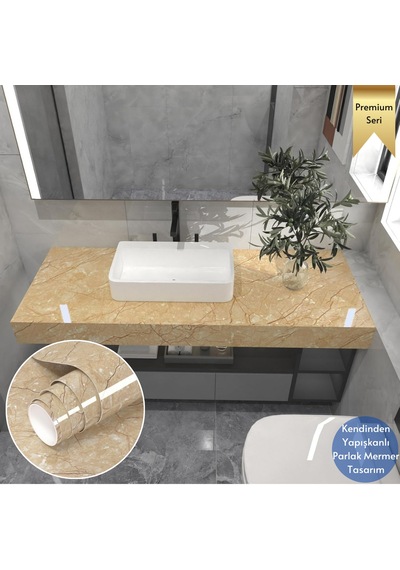 Technosmart 60x100cm Mermer Desen Kendinden Yapışkanlı Duvar Kağıdı Kaplama Mutfak Tezgeh Masa Folyo Sarı