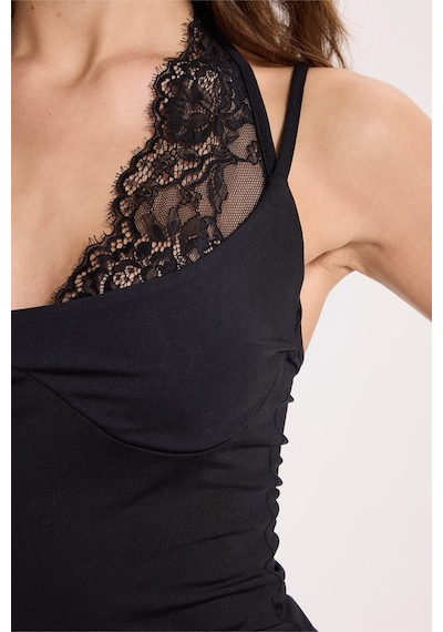 Tudors Kadın Slim Fit Dar Kesim Boyundan Bağlamalı Sıfır Kol Dantel Detaylı Siyah Elbise-52064
