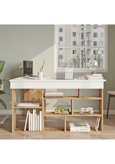 Yurudesign Tywin Kitaplık Raflı Çalışma Masası Çam-Beyaz