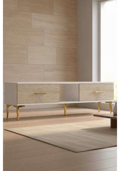 Tsa1515btg İda Tv Sehpası Beyaz-traverten-gold 150cm Beyaz - Traverten - Altın