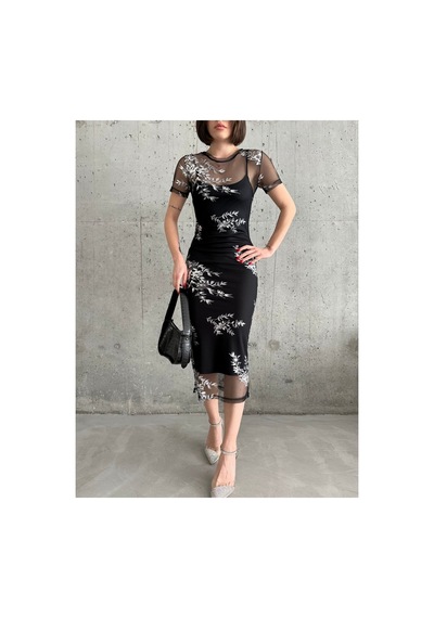 La Querta Siyah Bisiklet Yaka Yarım Kol Elbise Puqqa02 Cc Cc