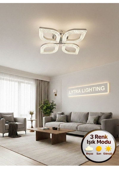 Yonca Model Gümüş 4"lü Ledli 3 Renk Modu Kristal Salon Mutfak Yatak Çocuk Odası Avize Gümüş