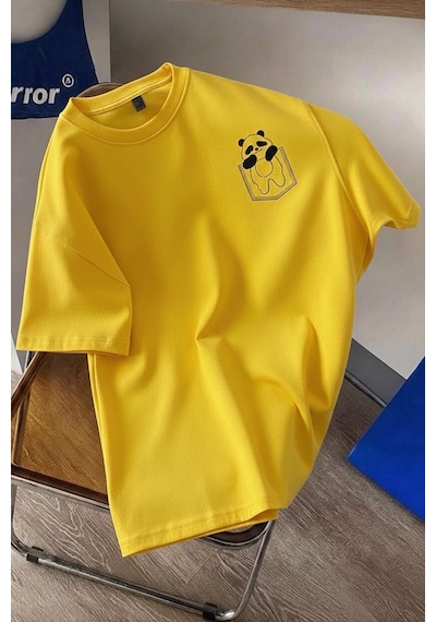Cepte Panda Baskılı Oversize Unisex Pamuklu Tişört Battal Büyük Beden Tshirt Sari