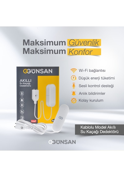 Günsan Akıllı Wifi Su Kaçağı Dedektörü Kablolu Tuya & Smart Life Uyumlu