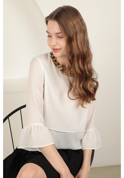 Chicnhappy Krep Kumaş Kolları Volanlı Kadın Bluz 24en2036011 Ekru