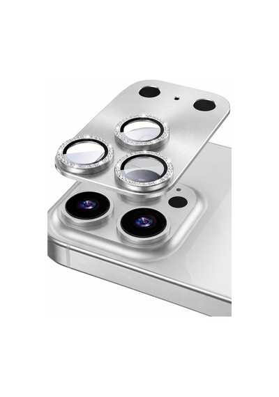 iPhone Uyumlu 17 Pro Max Taşli Kamera Koruyucu+ Ekran Koruyucu Set Beyaz