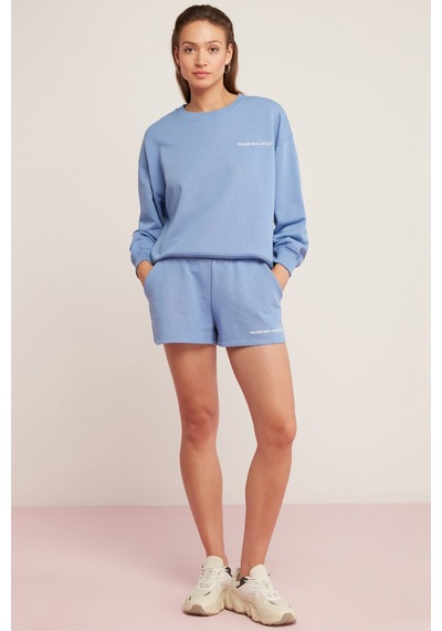 Ethıquet Sandra Kadın Pamuklu Içi Polarlı Yumuşacık Göğsü Baskılı Yuvarlak Yaka Comfort Mavi Sweatsh