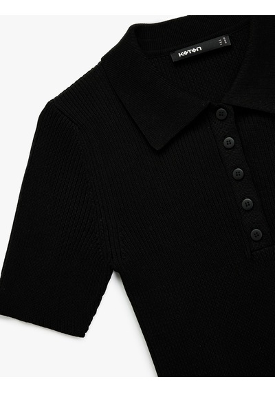 Koton Regular Fit Yarım Düğmeli Kısa Kollu Polo Yaka Triko Kazak Siyah 6wak90338ht Siyah