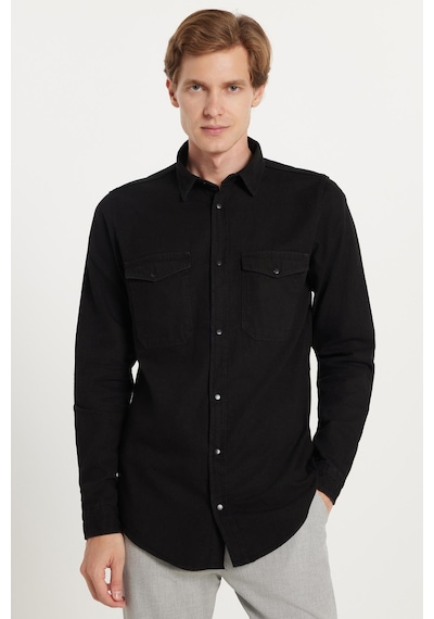 Tudors Erkek Slim Fit Dar Kesim Uzun Kollu Denim Kot Çift Cep Çıtçıtlı Siyah Gömlek-35552 Siyah