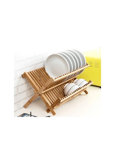 2 Katlı Bambu Katlanabilir Tabaklık Bulaşıklık Mutfak Dekoratif Bulaşık Kurutma Rafı Organizer Bambu Diğer