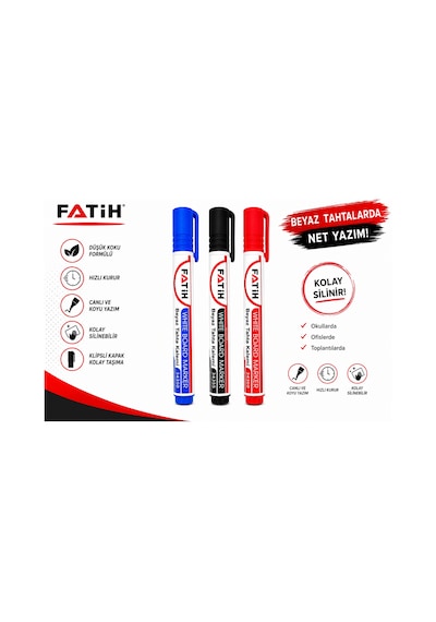 Fatih Beyaz Tahta Kalemi 3'lü Set Mavi Siyah Kırmızı Whiteboard Marker Silinebilir Çok Renkli