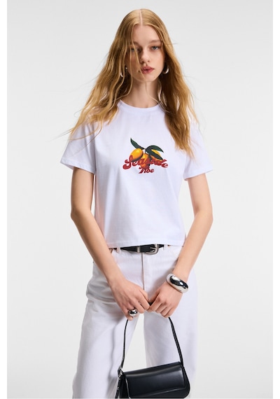 ETHIQUET E VERA Kadın %100 Pamuk Comfort Fit Baskılı Kısa Kollu Yuvarlak Yaka Beyaz T-Shirt