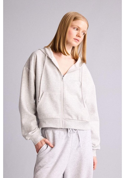 Defacto Cropped Fıt Kapüşonlu Kalın Kumaş Sweatshirt Hırka Z7069az26augr256 Gri-gr256