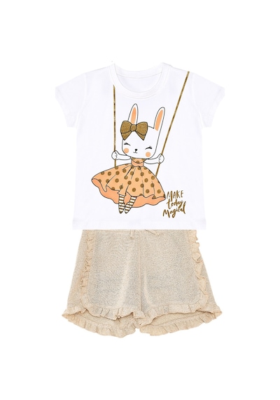Denokids Mutlu Tavşan Kız Çocuk T-shirt Simli Şort Takım Çok Renkli