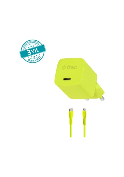 Smartcharger Gan 20w Pd Seyahat Hızlı Şarj Aleti + Usb-c - Lightning 120cm Kablo Neon Sarı