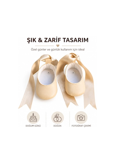 Baby Shez Kız Bebek Ayakkabısı Yumuşak Kaymaz Taban Rahat Babet Patik Özel Gün Bej