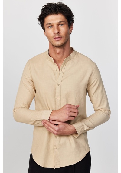 Tudors Slim Fit Dar Kalıp Uzun Kol Hakim Yaka Pamuklu Keten Efekt Bej Gömlek-28836-bej Bej