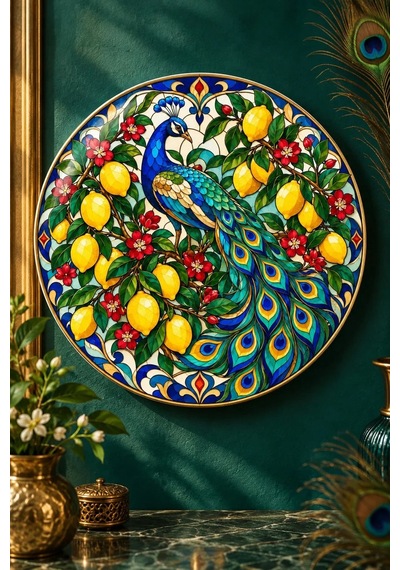 Dekoratif Duvar Tabağı Limonlu Vitray Bahçesi Dekorlu Seramik Tabak Sarı