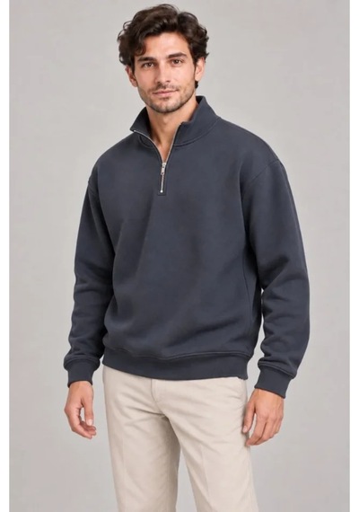 Butik İstanbul Erkek Üç İplik İçi Şardonlu Dik Yaka Yarım Fermuarlı Kışlık Sweatshirt - Füme