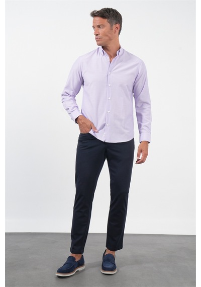 İmza Mor Düğmeli Yaka Uzun Kol Slim Fit Pamuklu Gömlek 1004260236 Lila