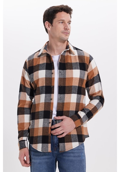 Tudors Erkek Slim Fit Dar Kesim Kareli Kışlık Oduncu Gömlek-42221 Kahverengi