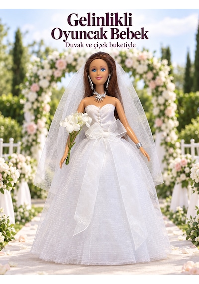 Halley Gelinlikli Moda Oyuncak Bebek - Duvaklı & Buketli - Kızıl Uzun Saçlı