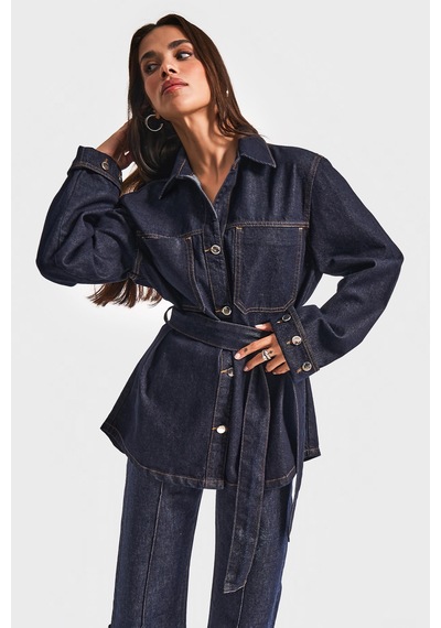 Kadın İndigo Renk 7w5-50 Kemer Detaylı %100 Koton Denim Trençkot