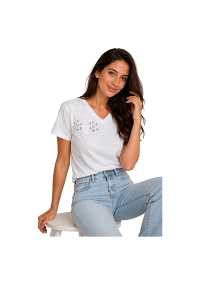 Cassime Kadın Beyaz %100 Pamuk Regular/normal Kalıp Omzu Çiçek Nakışlı Örme T-shirt