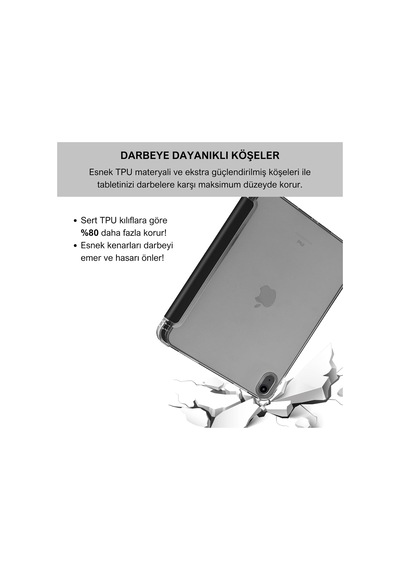 Klasse Apple İpad Air 5 / Air 4 10.9 İnç Uyumlu Smart Kılıf, Apple Pencil Kalemlikli, Trifold, Esnek, Mat, Darbeye Tam Dayanıklı Tablet Kılıfı Siyah